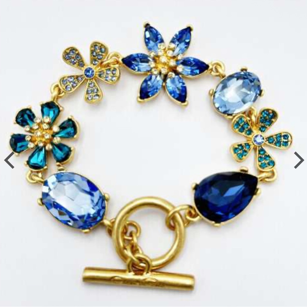Oscar de la Renta Gold Bracelet with Blue and Teal Crystal Flowers